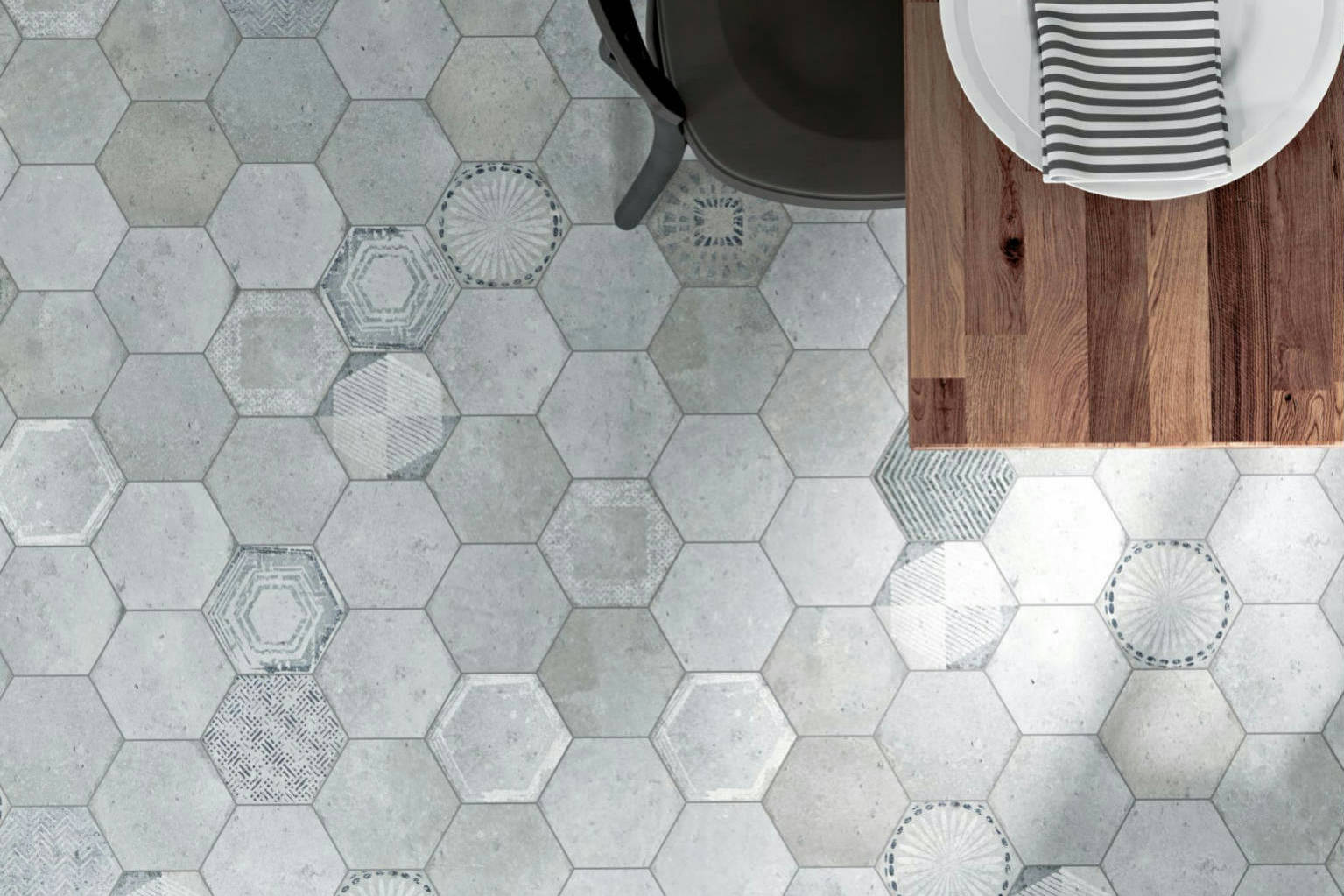 Alma 5.5x6.3” Grey and Grey Decor Hexagon | Digital Tile Catalog | Carminart