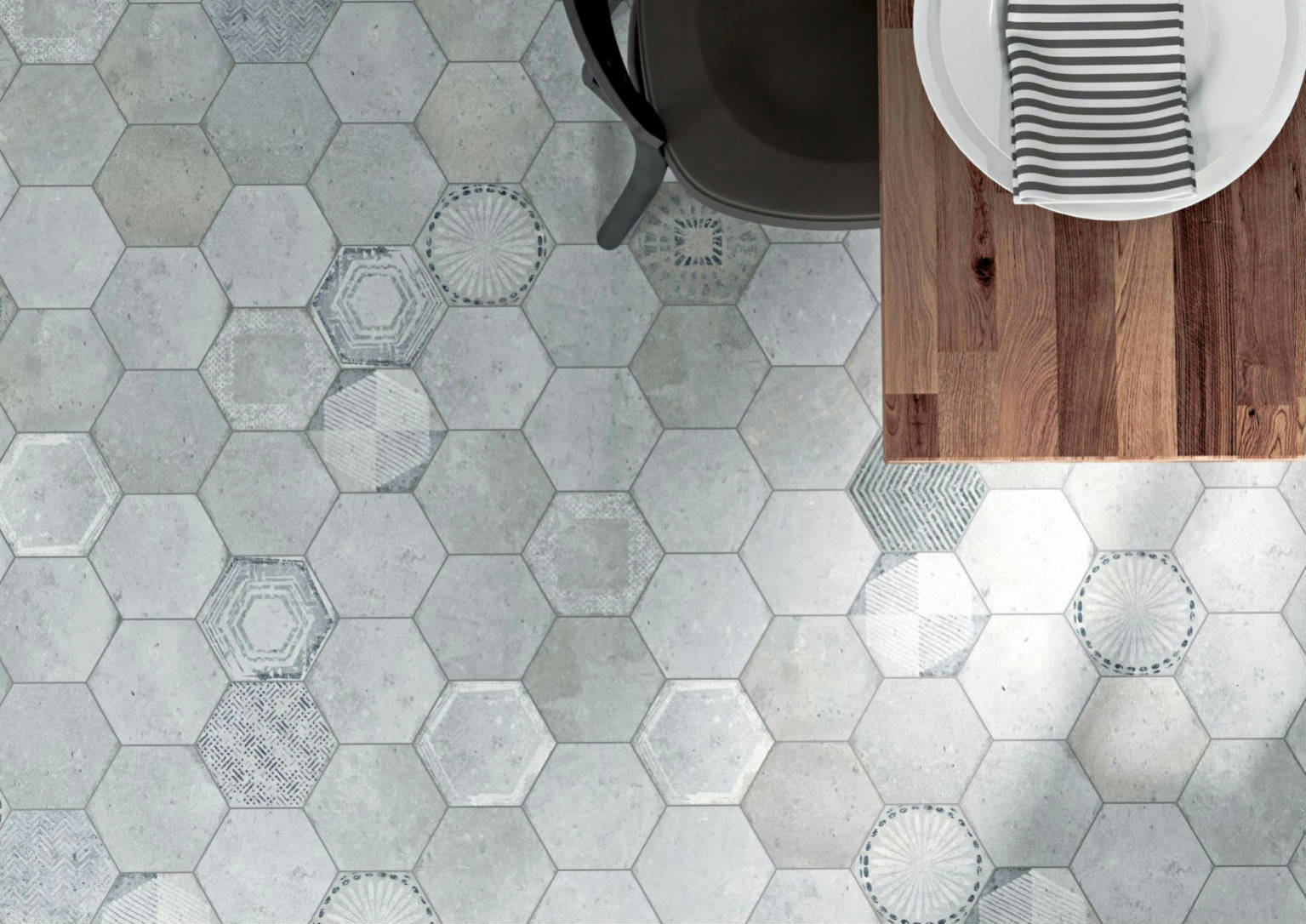 Alma 5.5x6.3” Grey and Grey Decor Hexagon | Digital Tile Catalog | Carminart