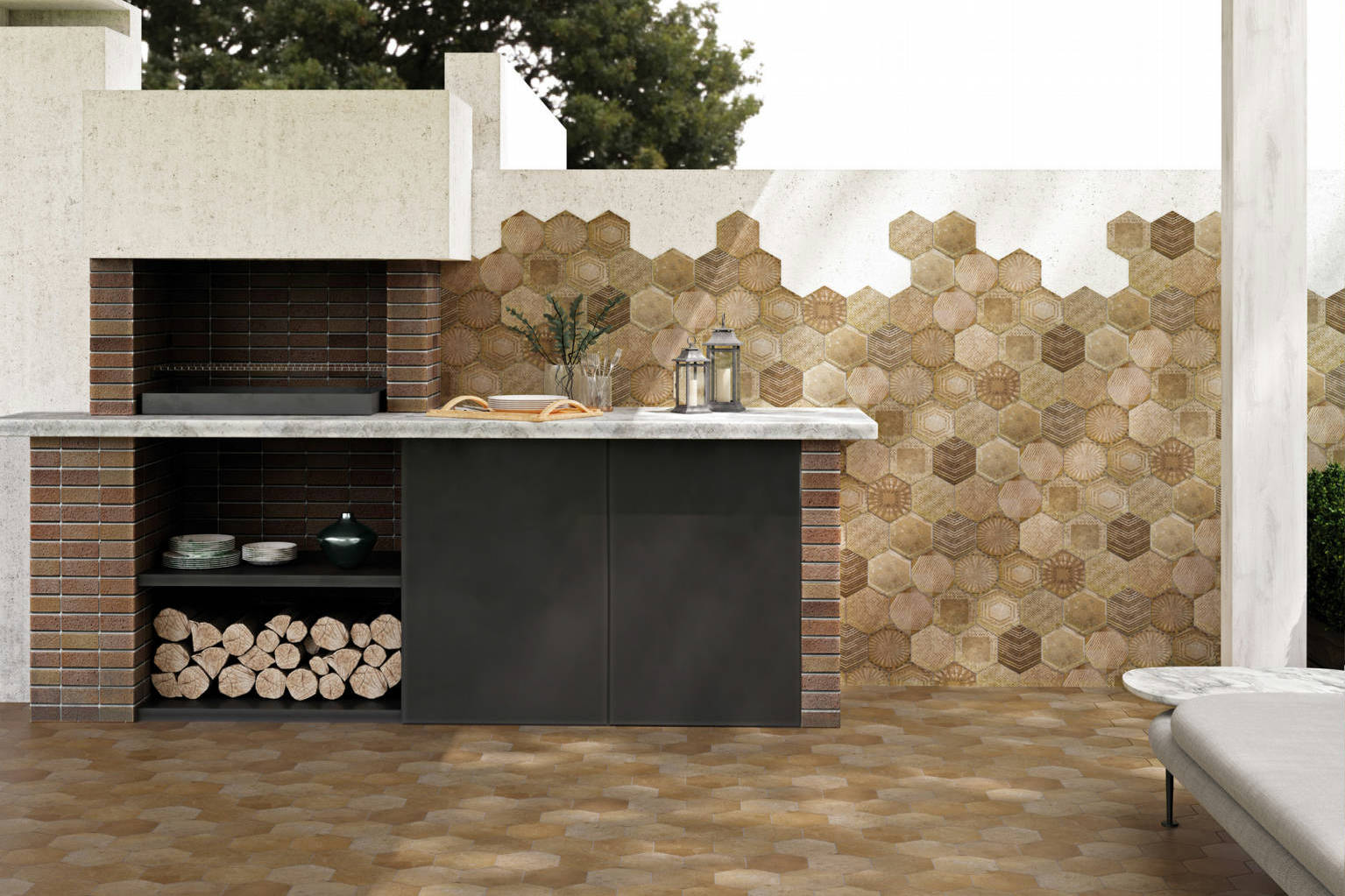 Alma 5.5x6.3” Terra and Sand Decor Hexagon | Digital Tile Catalog | Carminart