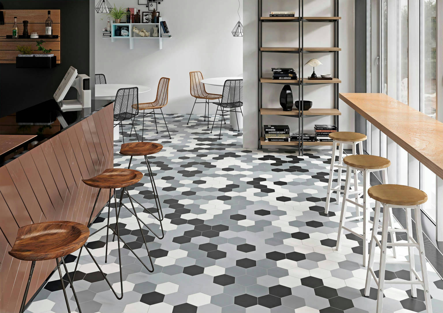 Vida 5.5X6.3” Black, Grey, Pearl, and White  Hexagons | Digital Tile Catalog | Carminart