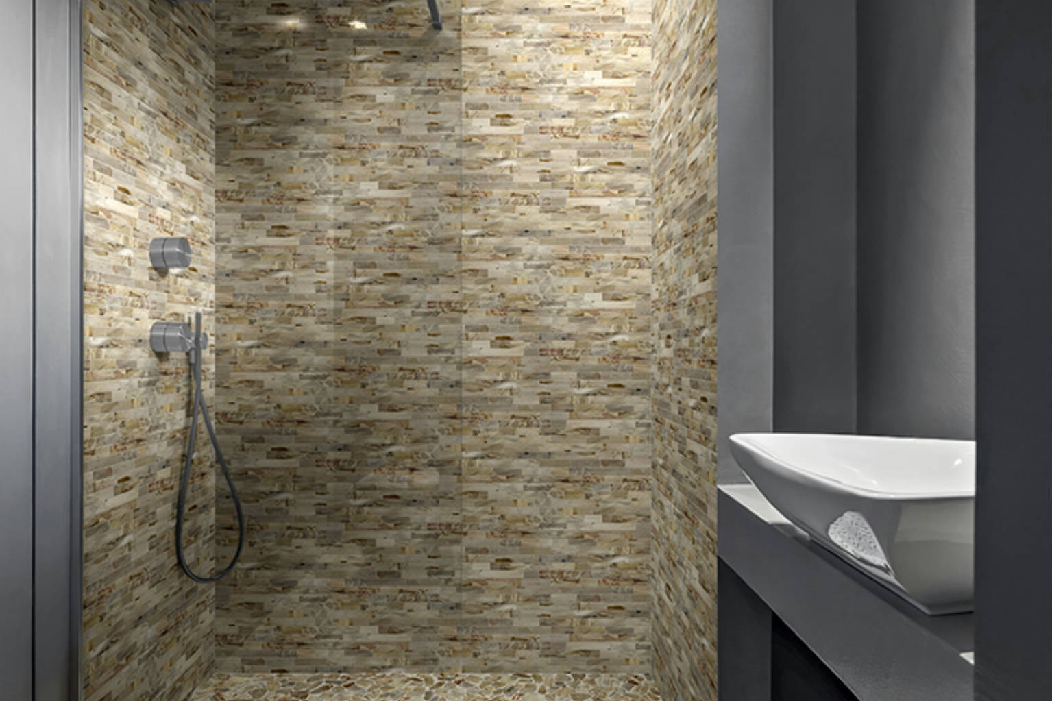 Fossil Wood Mini Opus Mix Beige Interlocking Mosaic | Digital Tile Catalog | Carminart