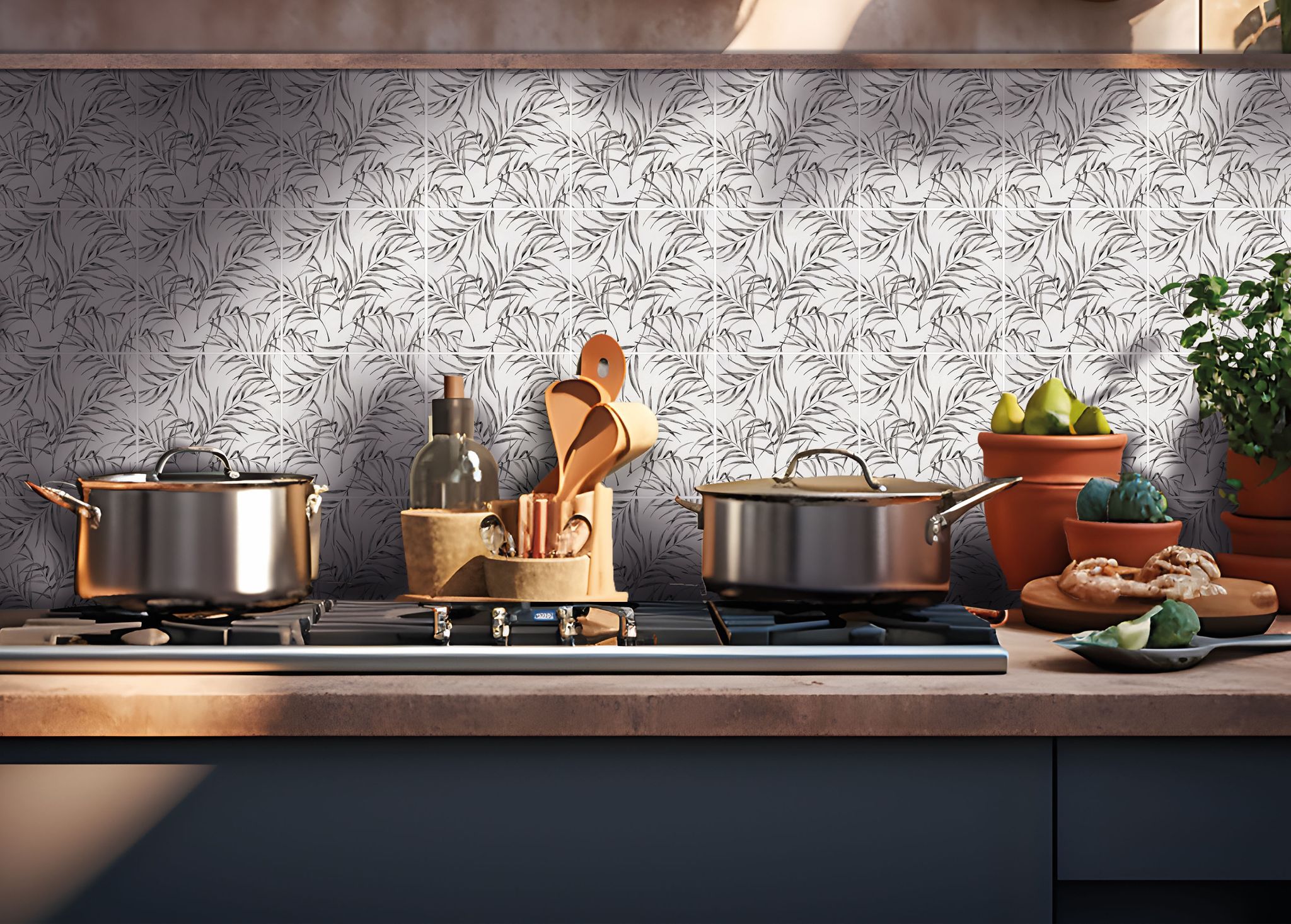 6"x6" Grey Palm Leaf Printed White Marble | Digital Tile Catalog | Carminart