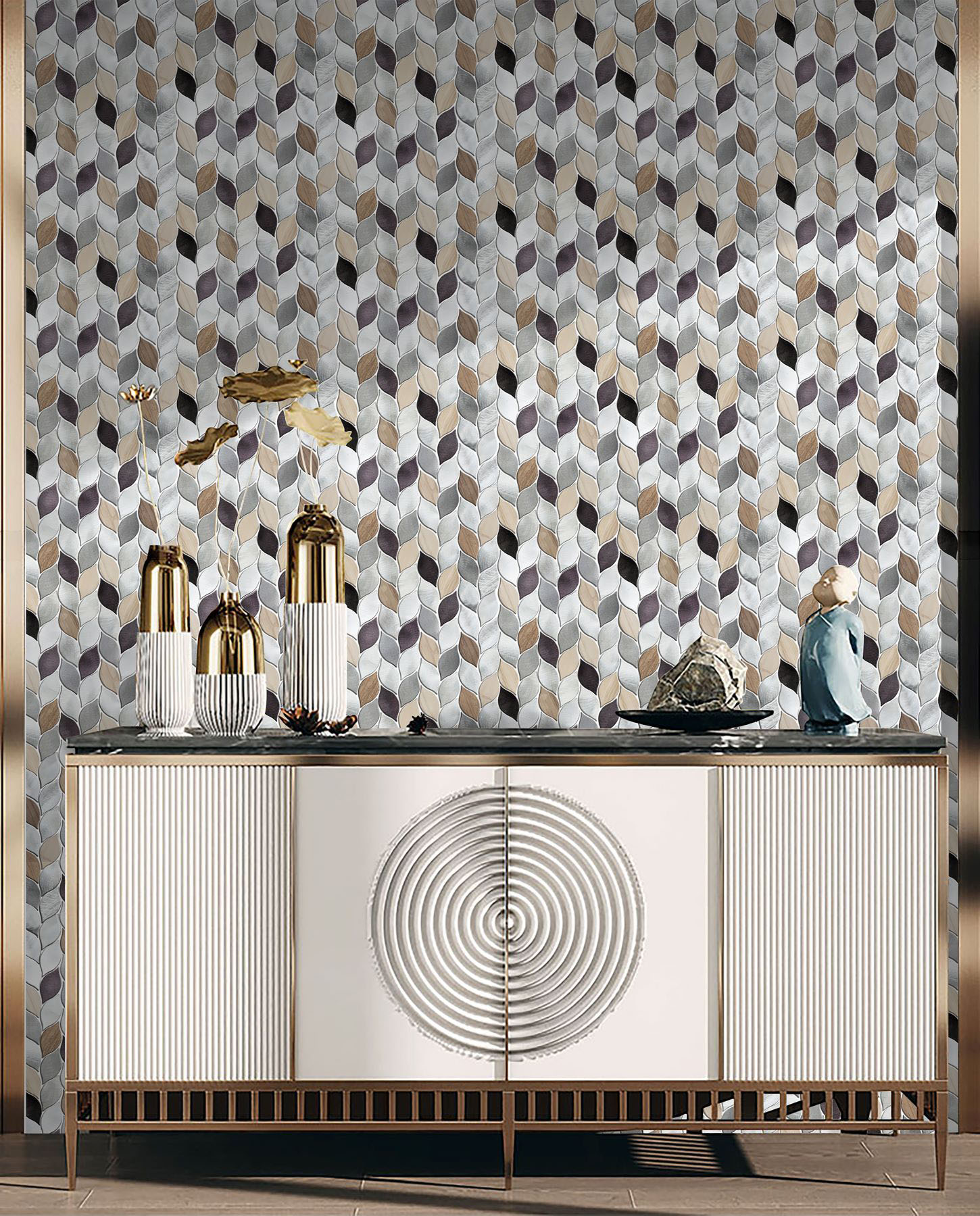 Aluminum & Marble Leaves 19 Grey Brown Mosaic 11"x12" | Digital Tile Catalog | Carminart