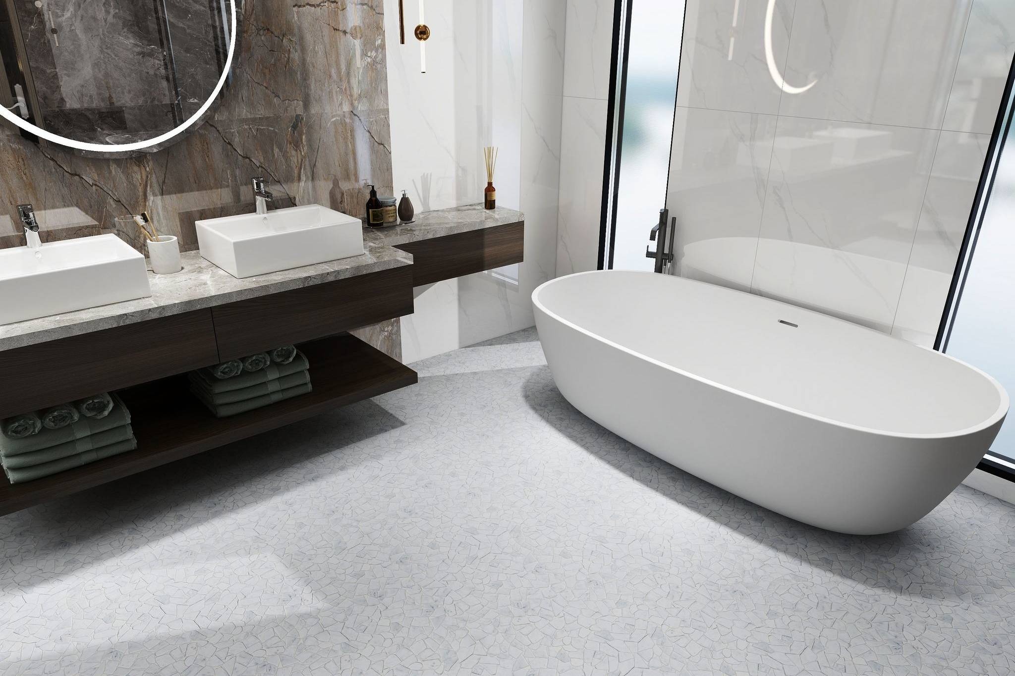 Mini Opus Matte White Grey Marble Stone Interlocking | Digital Tile Catalog | Carminart